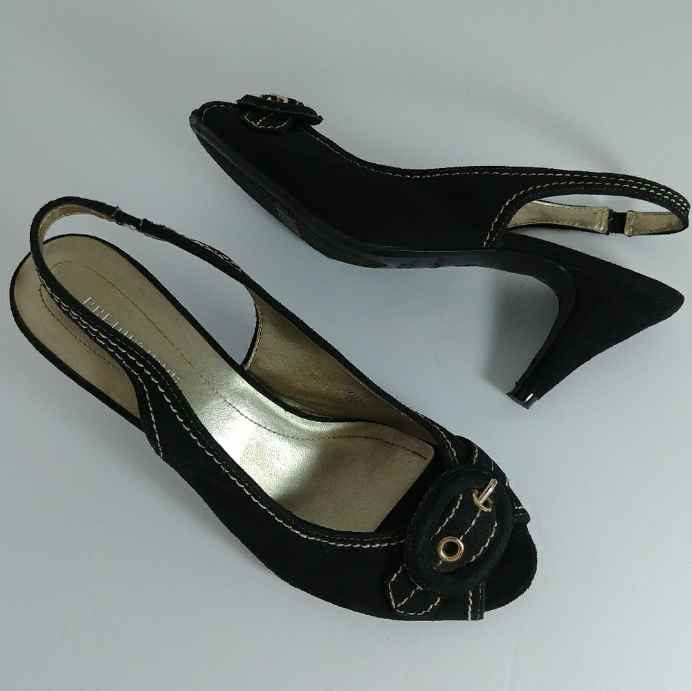 FAUX SUEDE PREDICTIONS ANKLE STRAP OPEN TOE HEELS